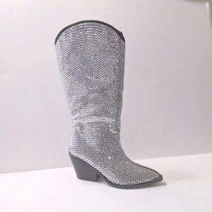 Comfort Est. 1946 NEW Silver Black Rhinestone Retro Cowboy Heeled Boots Size 6.5